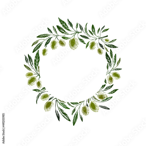 Olive grove. Green fruit. Vector texture wreath