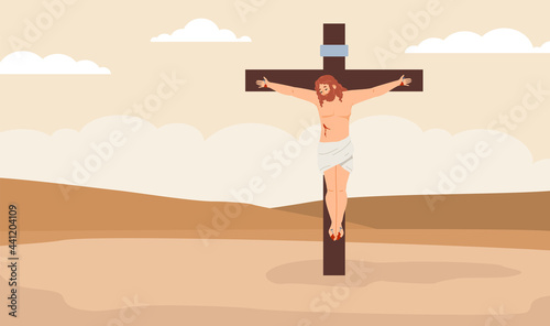 Slika na platnu Cross with crucified Jesus Christ in desert, color flat vector illustration