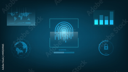 Biometrics hi-tech technology with fingerprint scanning background.