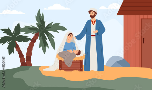 Background with Bible narrative of Birth of Jesus, flat vector illustration.