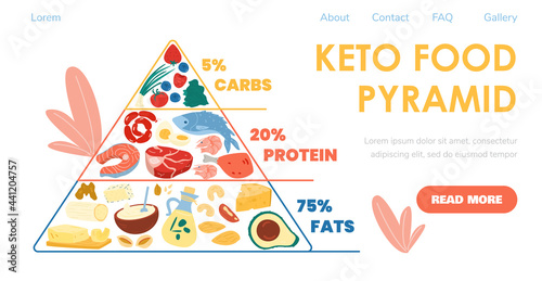 Keto diet food pyramid in website banner design, flat vector illustration.