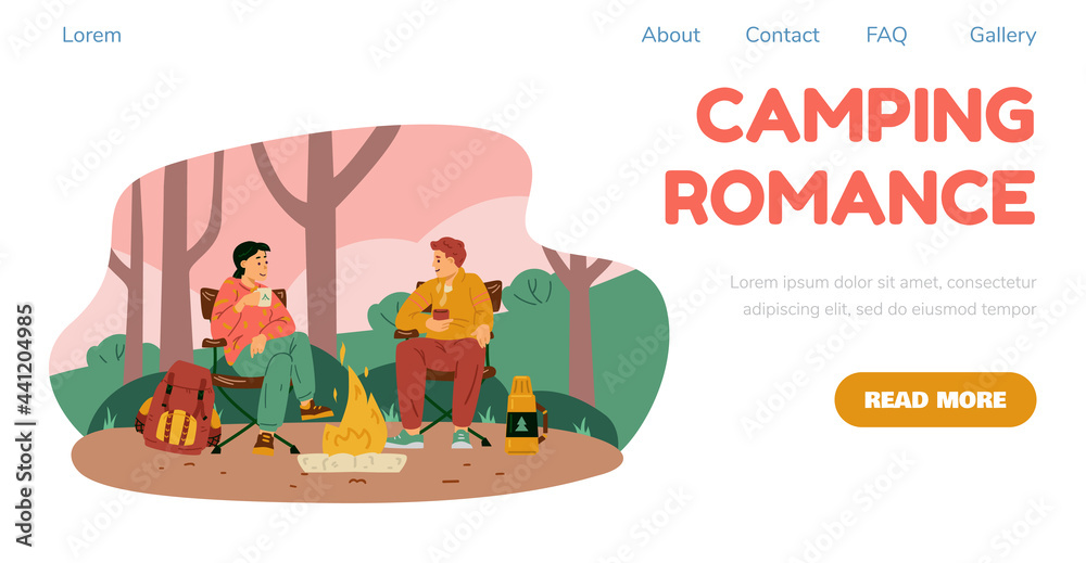 Camping website banner with couple resting at campsite flat vector illustration. Camping website banner with couple resting at campsite flat vector illustration.
