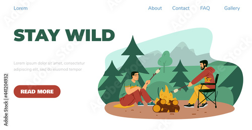 Two male characters tourists rest near campfire and fry marshmallow.