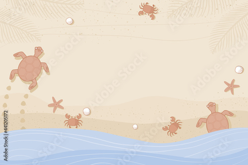 Top view of the beach, bright colors, sea creatures walking on the sand The blue sea washes into shore.