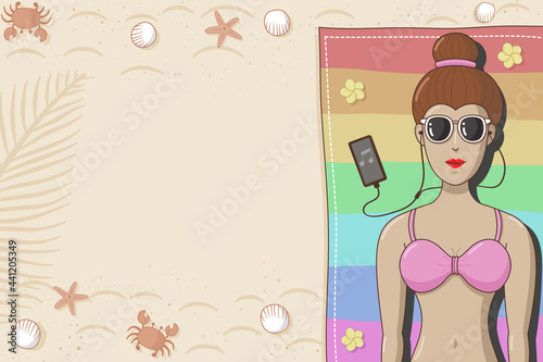 Woman in a swimsuit listening to music from her phone lies down on a rainbow colored mat at the beach. On the side there is an empty space of sand. There are sea creatures walking