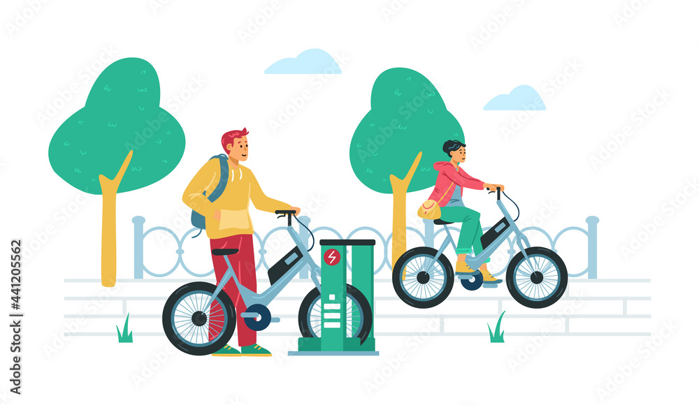 Eco friendly electric bike rental station, flat vector illustration isolated.