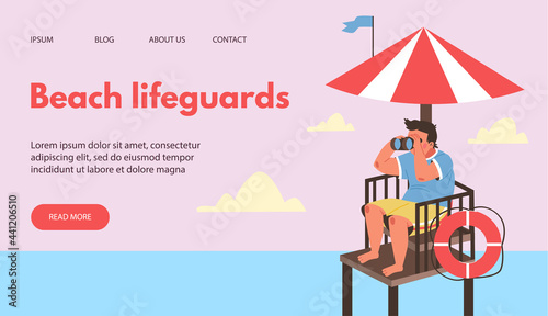 Beach lifeguards site mockup with rescuer on tower, flat vector illustration.