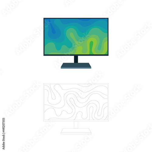Monitor. Computer display with abstract wallpaper on screen. Flat and outline drawing vector illustrations.  Part of set.