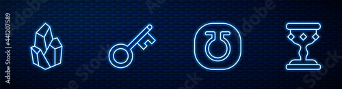 Set line Life, Magic stone, Old key and Medieval goblet. Glowing neon icon on brick wall. Vector photo