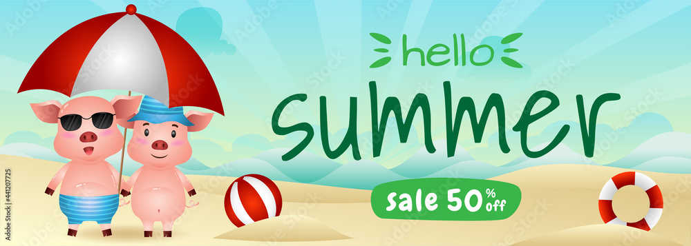 Fototapeta premium summer sale banner with a cute pig couple using umbrella in beach