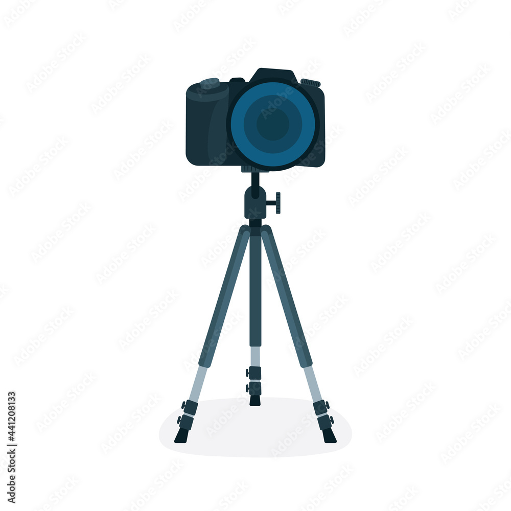 Digital camera with compact tripod. Mini tripod with camera. Selfie video and photo production equipment. Flat and outline drawing vector illustrations set. Digital camera with compact tripod. Mini tripod with camera. Selfie video and photo production equipment. Flat and outline drawing vector illustrations set.
