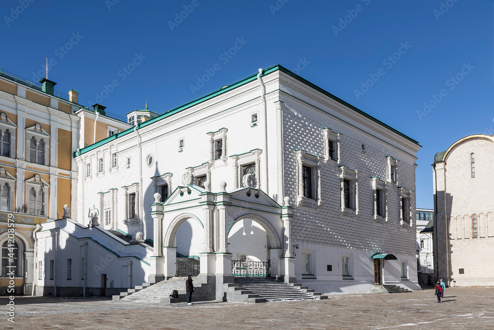 The building of the Faceted Chamber, an architectural monument of the 15th century, on Sobornaya Square in the Kremlin. Moscow, Russia