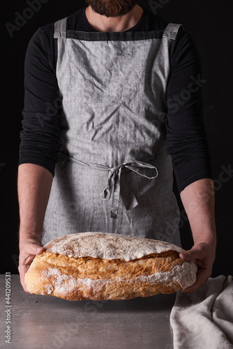 A man baker with a beard in a gray apron stands against a black background and holds, breaks, cuts off delicious, crispy bread, rolls, baguette
