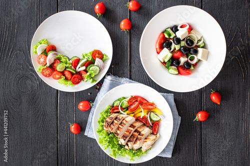 salad menu page salad appetizer snack vegetable, greek salad, grilled chicken dish on the table healthy diet meal copy space food background rustic 