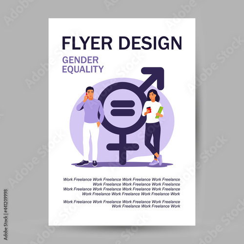 Gender equality concept. Flyer design. Men and women character on the scales for gender equality. Vector illustration. Flat.