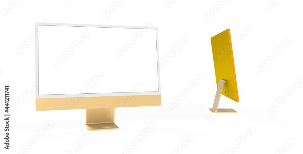 yellow Workspace blank screen desktop computer, Mockup computer gold yellow Workspace blank screen desktop computer, Mockup computer gold