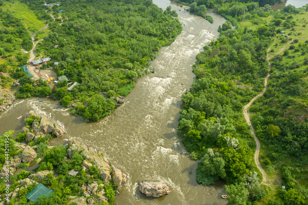 rapids on the river, rafting, top view 
