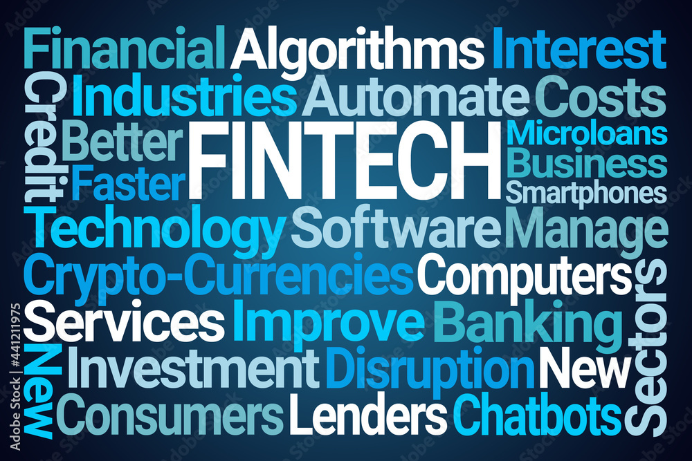 FinTech Word Cloud on Blue Background FinTech Word Cloud on Blue Background