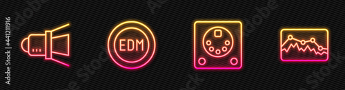 Set line Drum machine, Movie spotlight, EDM electronic dance music and Music wave equalizer. Glowing neon icon. Vector