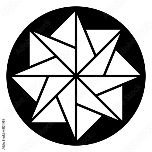 Eight-pointed star in a circle, a pattern, formed by symmetric arranged triangles. A mandala-like symbol, modeled on a crop circle, found in May 2021 in England. Black and white illustration. Vector.