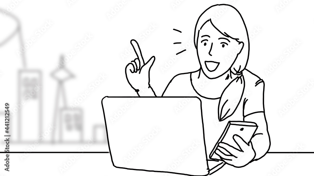 Woman and smartphone. Woman using smartphone. During leisure time. using the phone in everyday life. look at the smartphone and smile. Hand drawing style. illustrations black and white. Woman and smartphone. Woman using smartphone. During leisure time. using the phone in everyday life. look at the smartphone and smile. Hand drawing style. illustrations black and white.