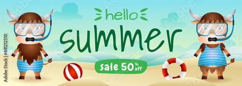 summer sale banner with a cute buffalo couple using snorkeling costume in beach