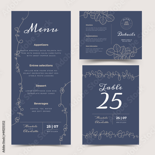 Set of card with line art leaf and brunch. Wedding ornament concept. Floral poster, invite. Vector decorative greeting card, invitation design background