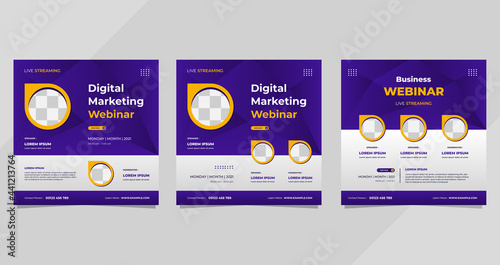 Set of digital marketing webinar social media post templates on purple background and circle frame