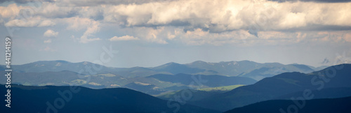 Mountain range in the Ukrainian carpathians on a spring day. Rest and travel in the mountains.