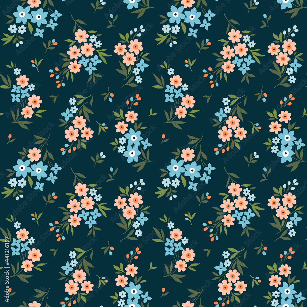 Beautiful floral pattern in small abstract flowers. Small coral and blue flowers. Blue background. Ditsy print. Floral seamless background. The elegant the template for fashion prints. Stock pattern.