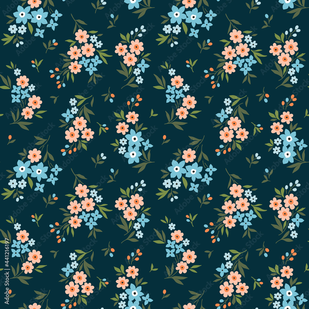 Beautiful floral pattern in small abstract flowers. Small coral and blue flowers. Blue background. Ditsy print. Floral seamless background. The elegant the template for fashion prints. Stock pattern. Beautiful floral pattern in small abstract flowers. Small coral and blue flowers. Blue background. Ditsy print. Floral seamless background. The elegant the template for fashion prints. Stock pattern.