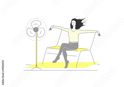 Beat the summer heat concept. Woman sitting in front of a fan. Limited colours flat vector.