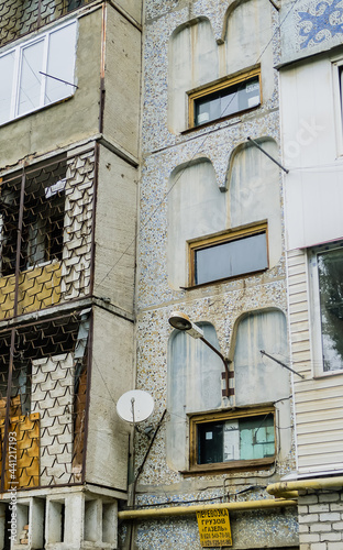 Colorful facade  of a Soviet-built house.  Derbent, Dagestan, Russia