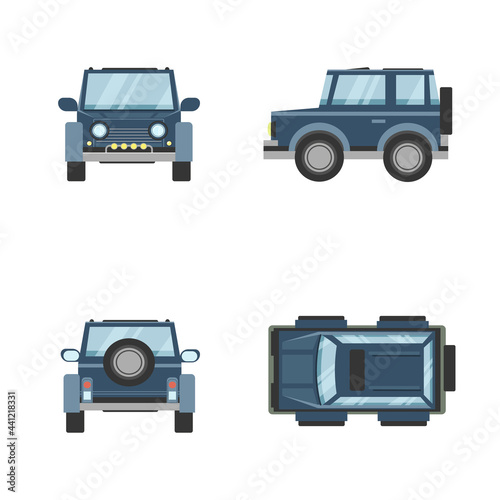 Vector cartoon car for children. Side view, in front, back and from above. Crossover or suv.