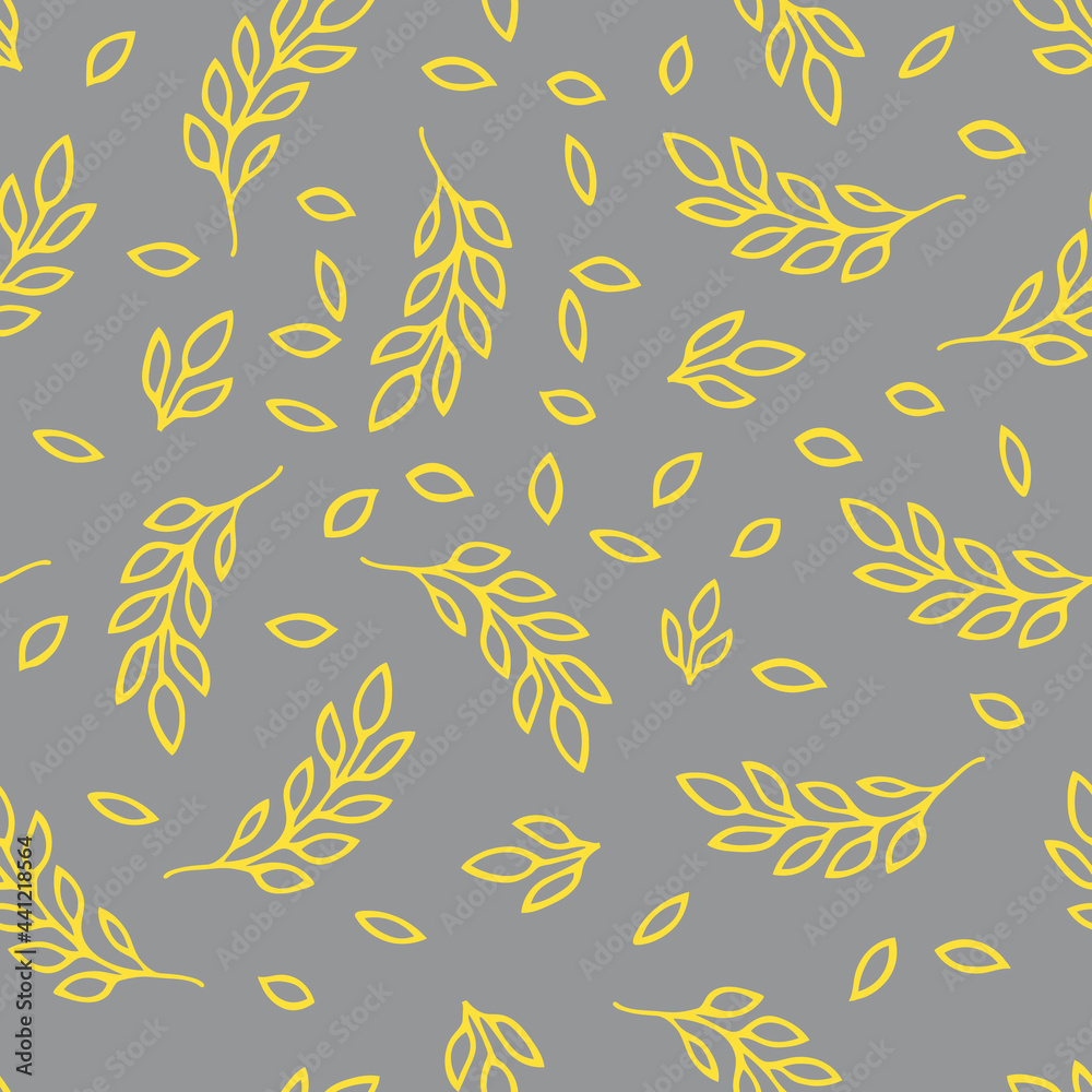 Vector Illustration of yellow doodle leaves isolated on a gray background, Seamless pattern