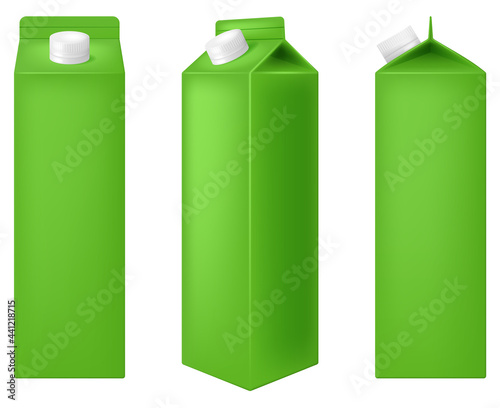 Blank green carton box for juice in three projections isolated on white background. Photo-realistic vector illustration.