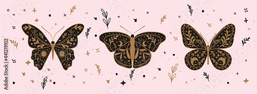 Vector set of linear Boho Butterflies, stars, moon, and sun - folk art design elements for decoration or logo design templates in modern minimalist style.