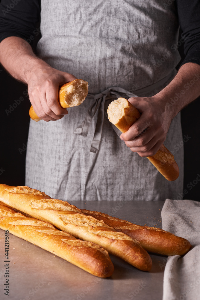 A man baker with a beard in a gray apron stands against a black background and holds, breaks, cuts off delicious, crispy bread, rolls, baguette