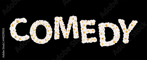 Comedy lettering consisting of air popcorn. Movie genres. Vector illustration