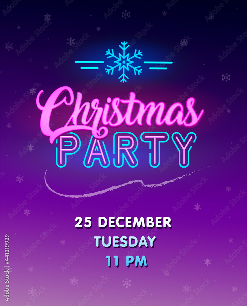 Christmas party invitation. Glowing neon sign. Vector invitation poster, banner, illustration. Glowing text with neon snowflake sign on night winter background with snow. Merry christmas.