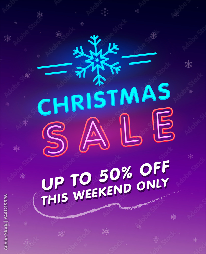 Christmas sale. Neon glowing sign. Vector advertising banner, poster, card, illustration. Glowing promotional text with neon snowflake sign on night winter background with snow.