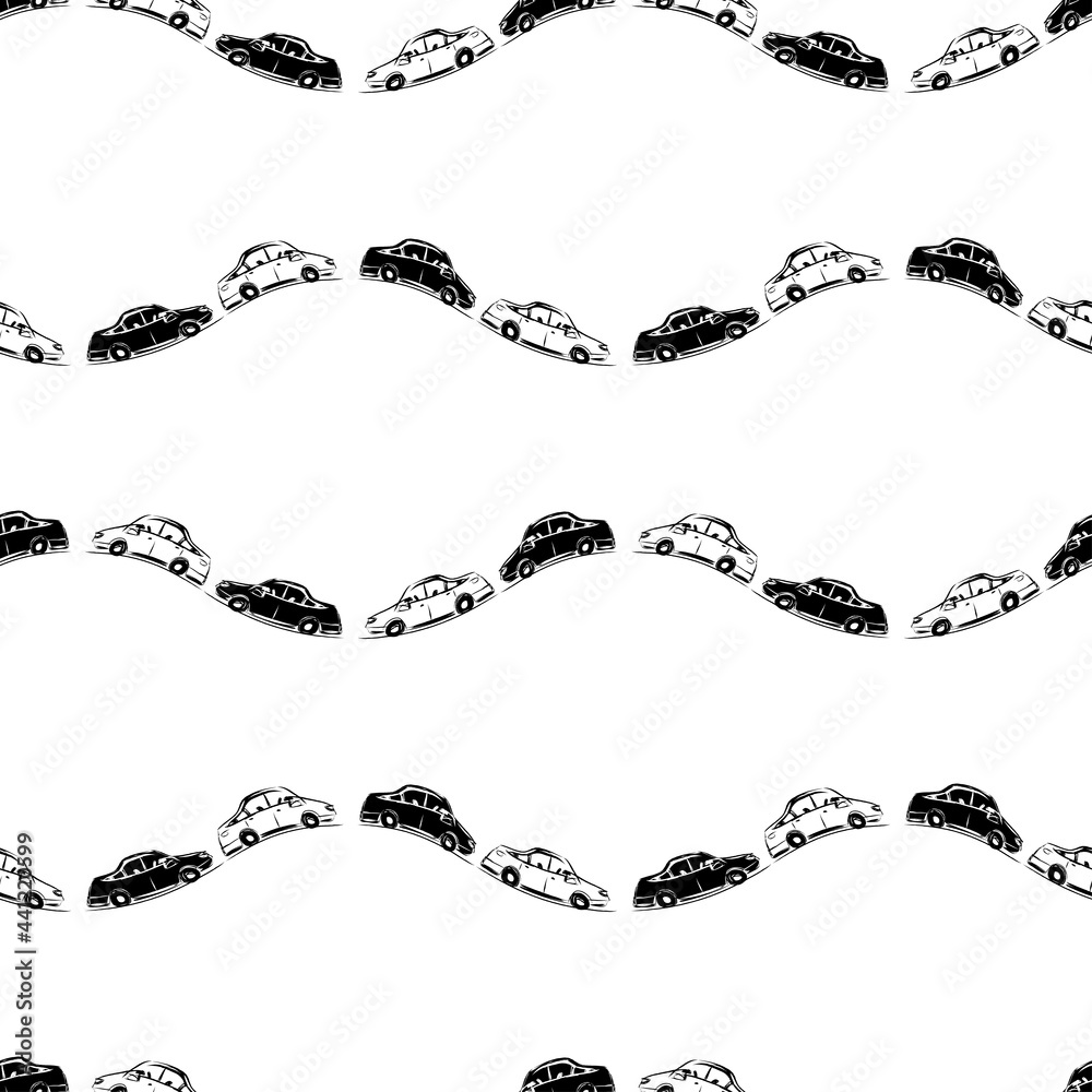 Seamless pattern of drawn abstract cars riding in wavy rows Seamless pattern of drawn abstract cars riding in wavy rows