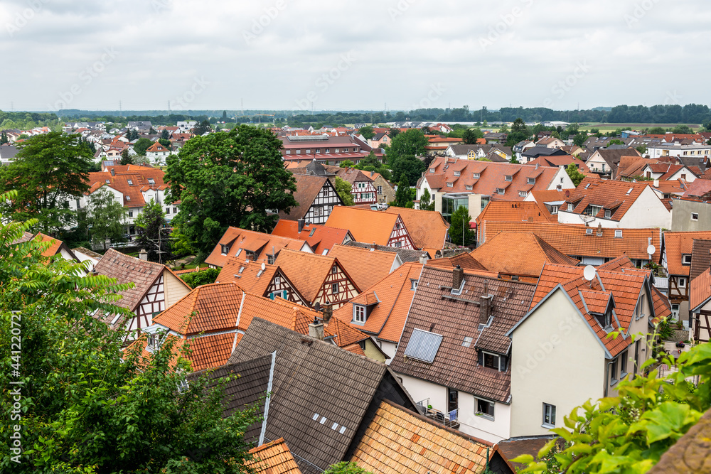 Zwingenberg Cityscape with roofs of old town during a cloudy day