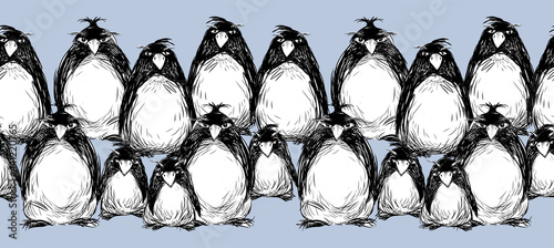 Vector border from sketches cartoon funny penguins flock standing in row