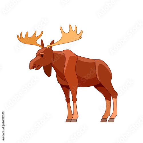 Moose or Elk  Alces alces. Beautiful animal in the nature habitat side view. Wildlife scene. Cartoon character vector flat illustration isolated on a white background
