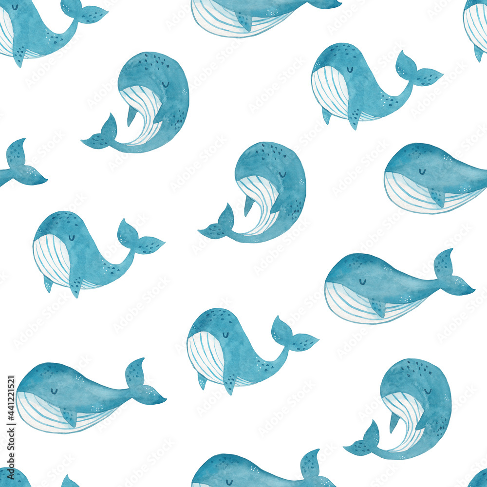 Watercolor cute hand drawn seamless pattern with whales on white background. Watercolor texture in childish style great for fabric and textile, wallpapers, backgrounds. Underwater. Watercolor cute hand drawn seamless pattern with whales on white background. Watercolor texture in childish style great for fabric and textile, wallpapers, backgrounds. Underwater.