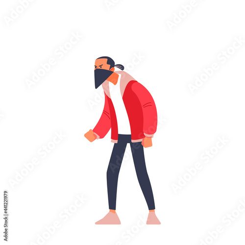 Radical Protestant in the mask represents the protesters against the authorities among the burning street fighting. Cartoon flat character vector illustration on a white background
