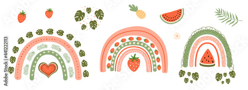 Summer rainbow set. Rainbow, watermelon, strawberry, tropical leaves, monstera Summer graphic elements