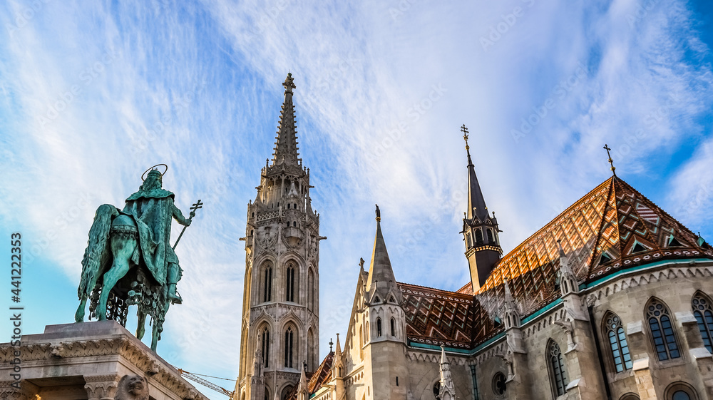 Matthias Church and statue of St.Stephen in Budapest.