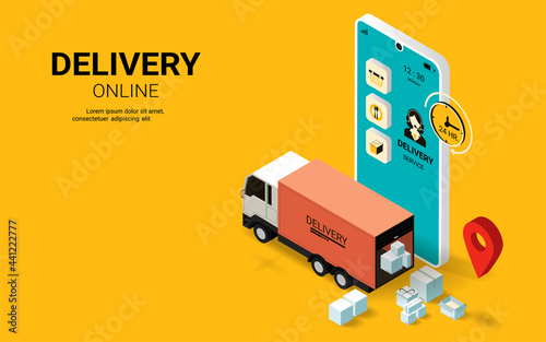 Delivery service online on smartphone or website, online order, Smart logistics. Truck, warehouse and parcel box. Concept for website and banner. Isometric vector illustration